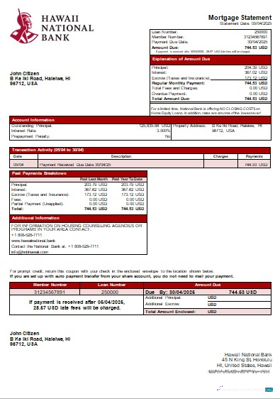Download Hawaii Hawaii National Bank bank mortgage statement scr Photoshop template